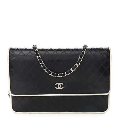 Chanel Grained Calfskin Diamond Stitched Wallet On Chain WOC Dark Navy White 1 of 14