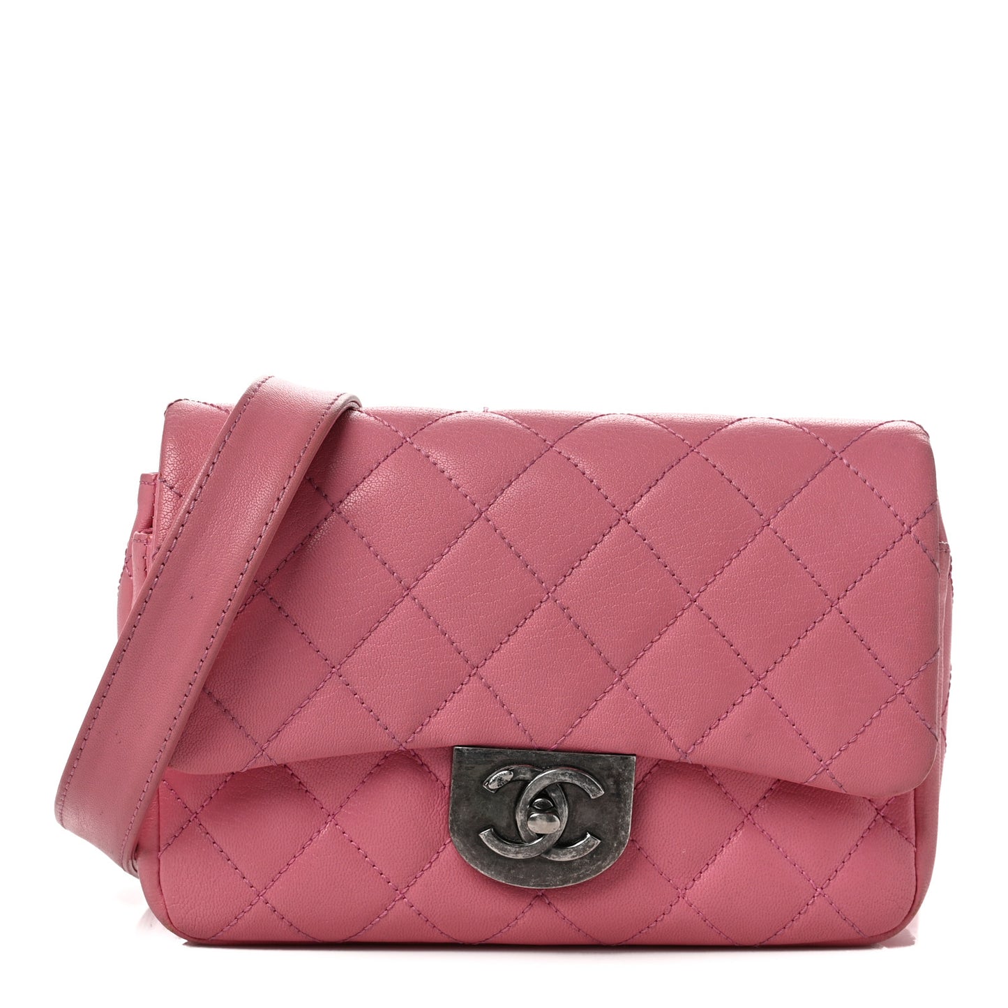 Shiny Goatskin Quilted Small Double Carry Waist Chain Flap Pink