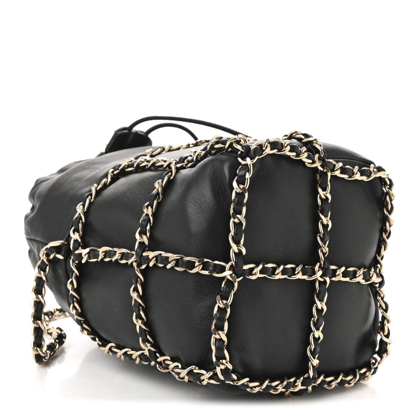Lambskin Bucket Chain Drawstring Bag Black