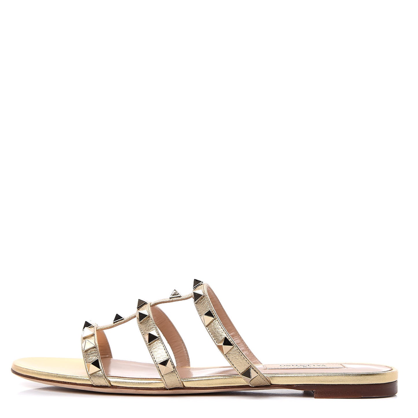 Metallic Nappa Rockstud Caged Flat Slide Sandals 37.5 Skin