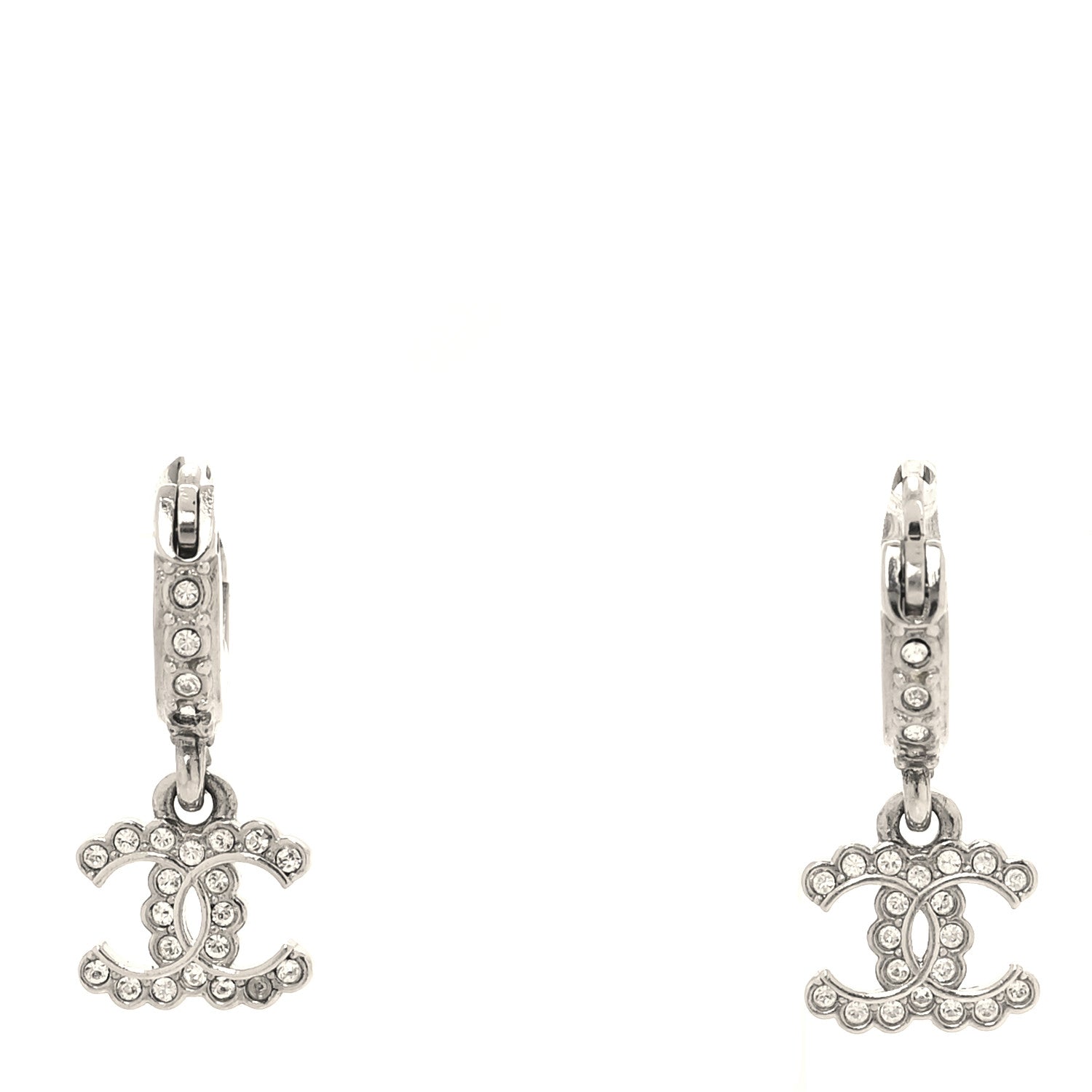 Chanel Metal Crystal CC Hoop Drop Earrings Silver 1 of 5
