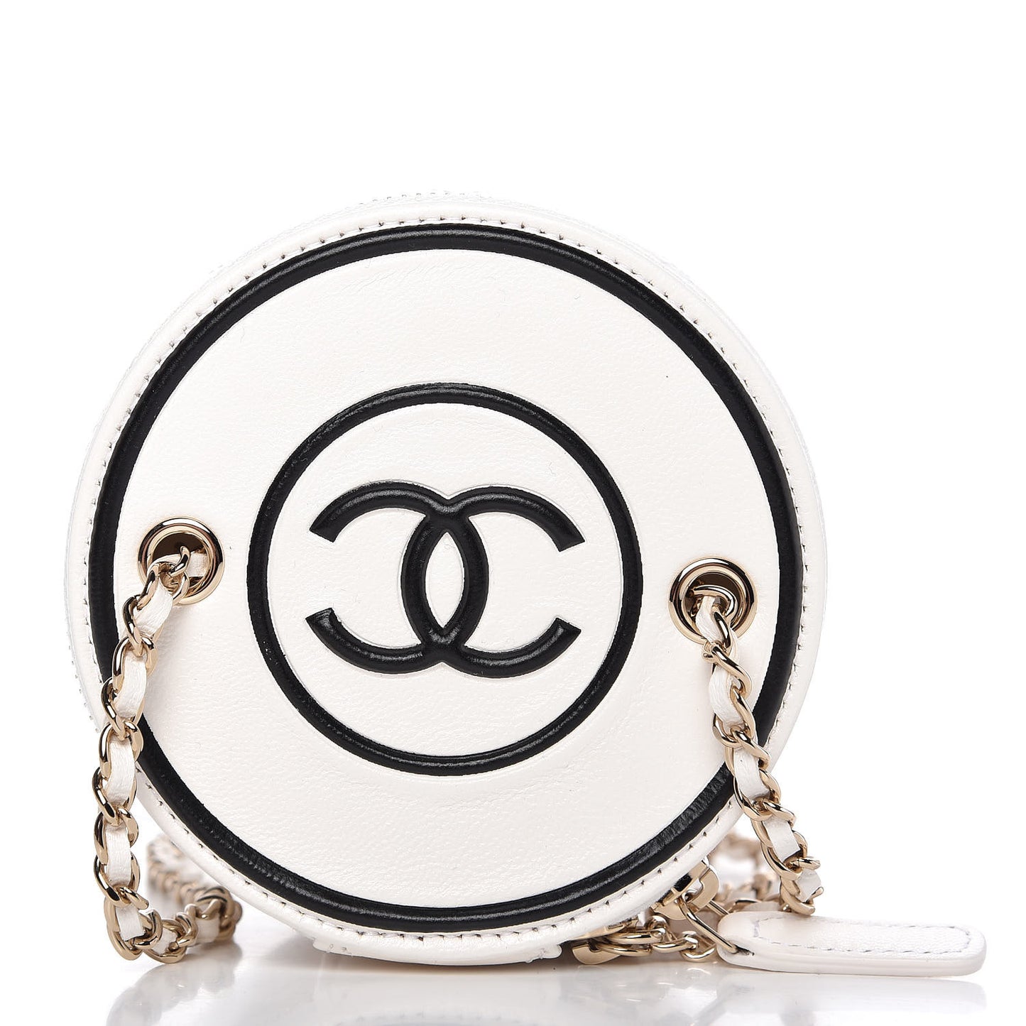 Lambskin Quilted Round Small Vanity Case With Chain White Black