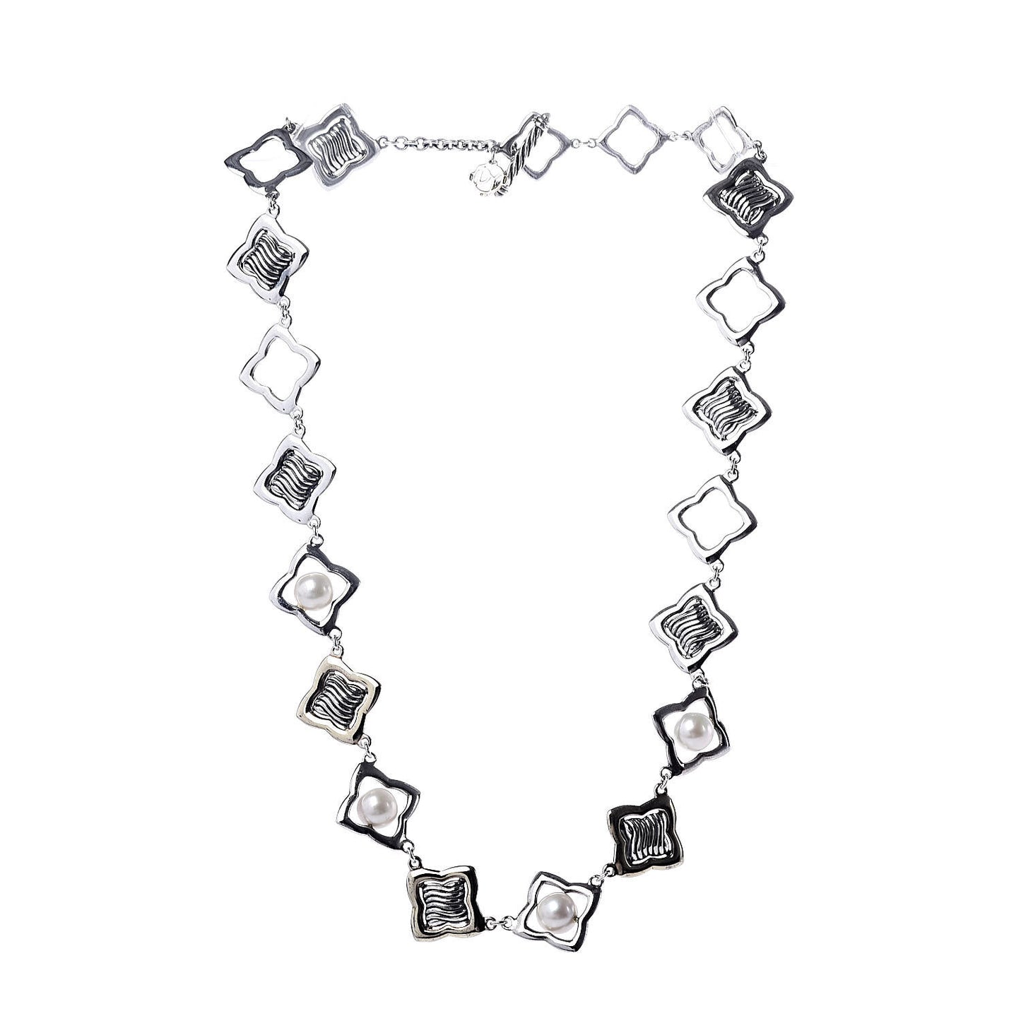 Sterling Silver 18K Yellow Gold Pearl Quatrefoil Link Necklace