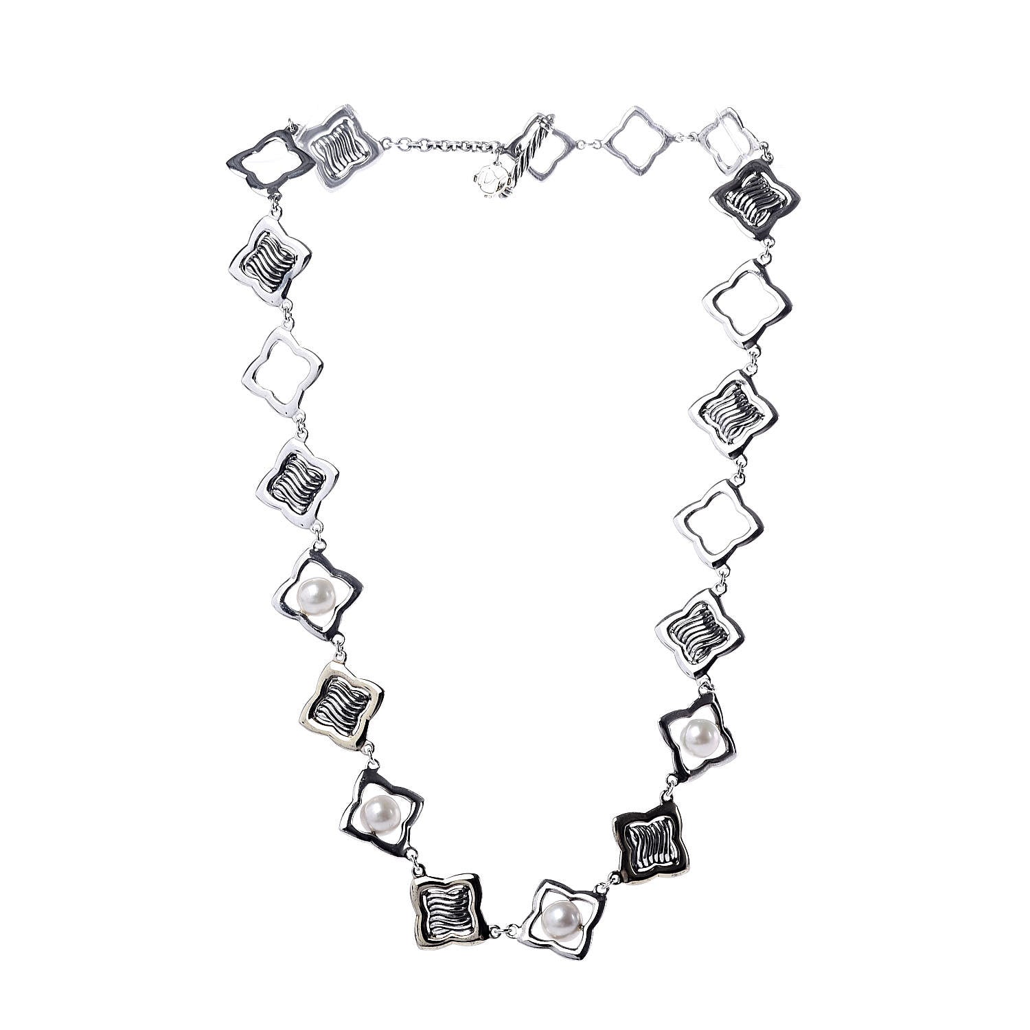 David Yurman Sterling Silver 18K Yellow Gold Pearl Quatrefoil Link Necklace 3 of 5