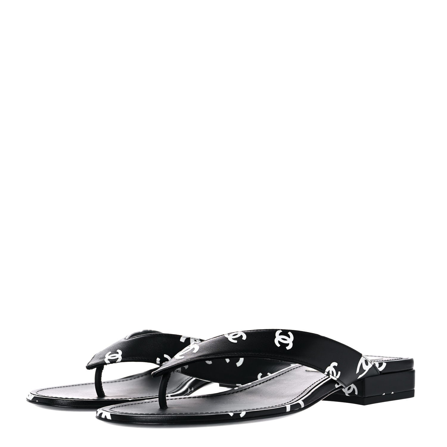 Chanel Lambskin Printed CC Thong Sandals 39 Black White 3 of 9