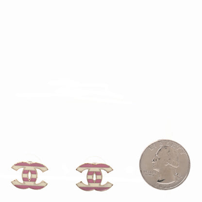 Chanel Enamel Striped CC Earrings Pink White Gold 2 of 4