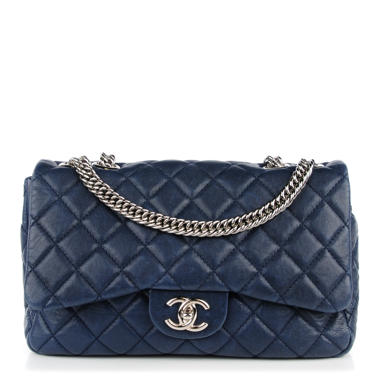 Washed Lambskin Quilted Jumbo Single Flap Bijoux Chain Navy