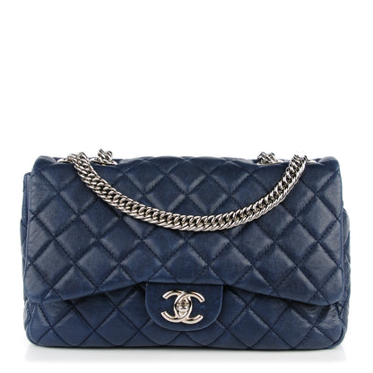 Chanel Washed Lambskin Quilted Jumbo Single Flap Bijoux Chain Navy 1 of 8