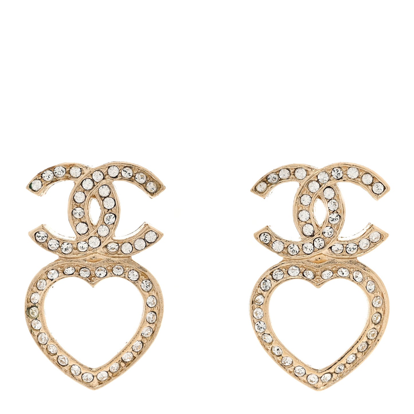Metal Crystal CC Heart Drop Earrings Gold