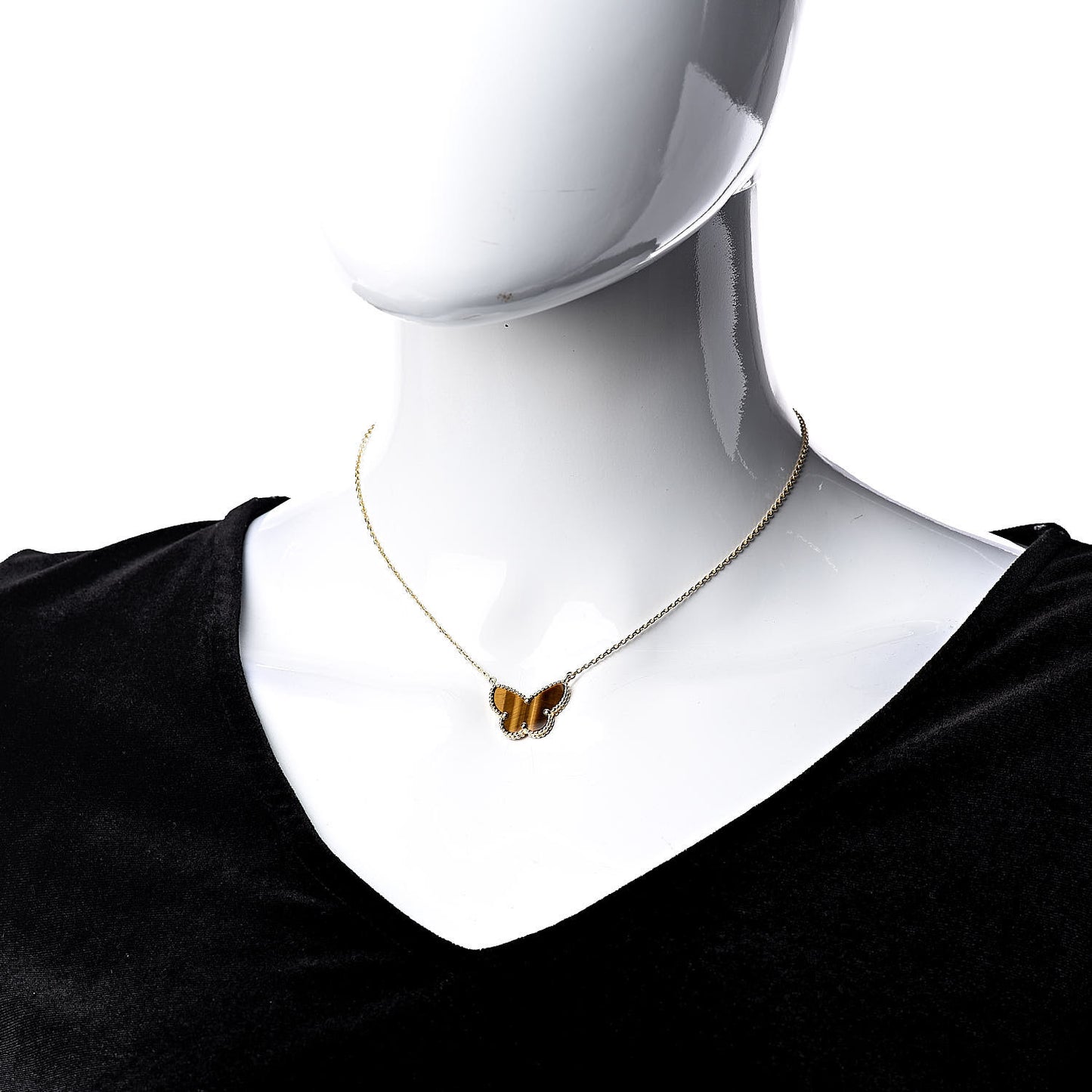 18K Yellow Gold Tiger Eye Lucky Alhambra Butterfly Pendant Necklace
