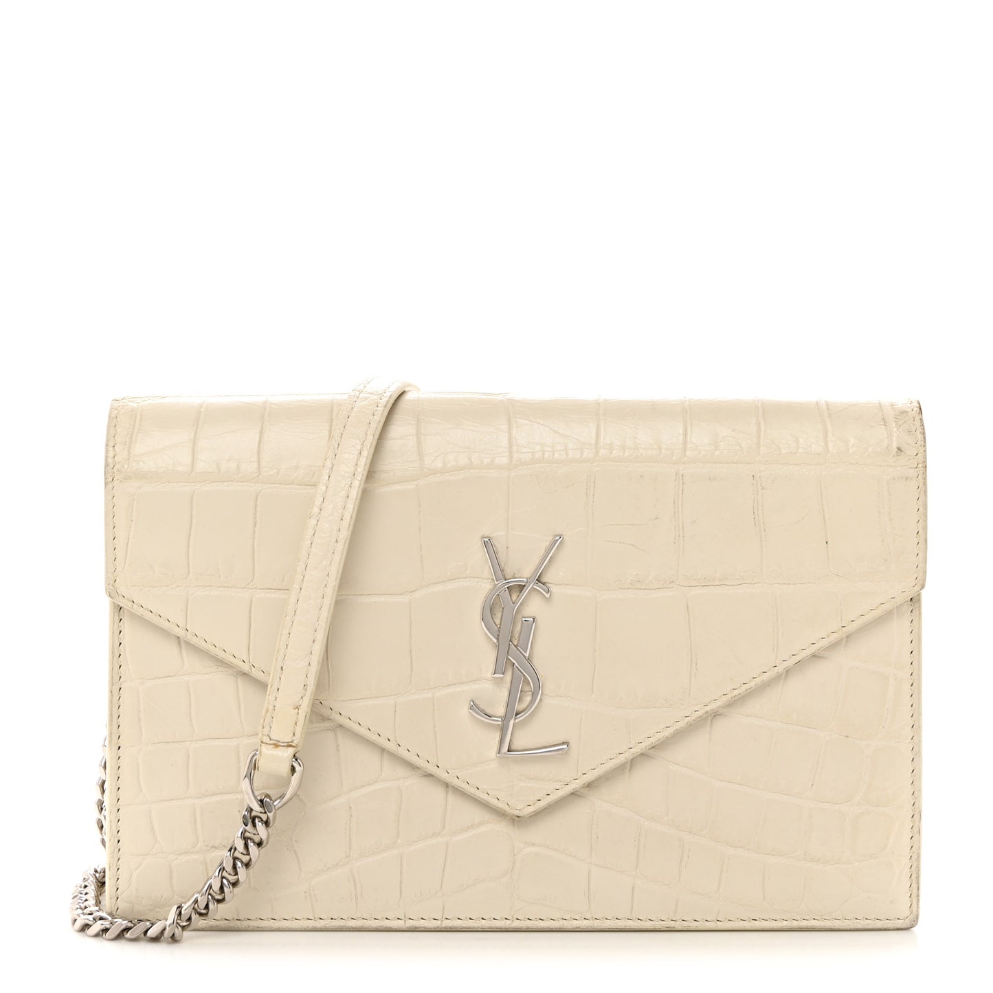Calfskin Crocodile Embossed Monogram Envelope Chain Wallet White