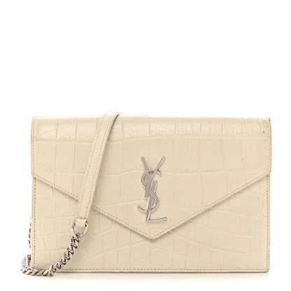 Saint Laurent Calfskin Crocodile Embossed Monogram Envelope Chain Wallet White 1 of 10