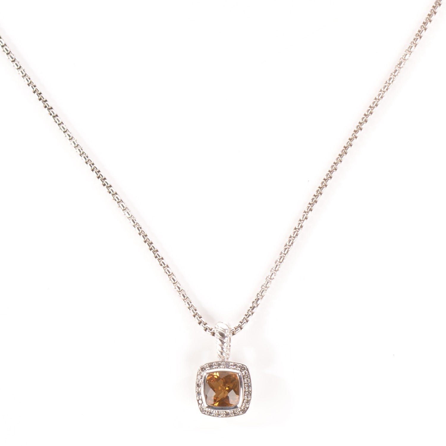 David Yurman Sterling Silver Pave Diamond Citrine 7mm Petite Albion Pendant Necklace 6 of 10