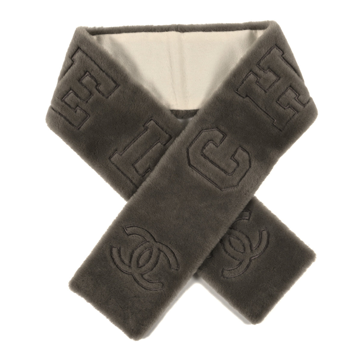 Shearling Cashmere CC Logo Scarf Light Grey White