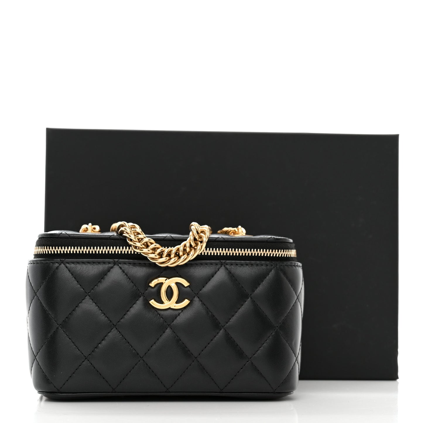Lambskin Enamel Quilted Logo Small Vanity Case With Chain Black