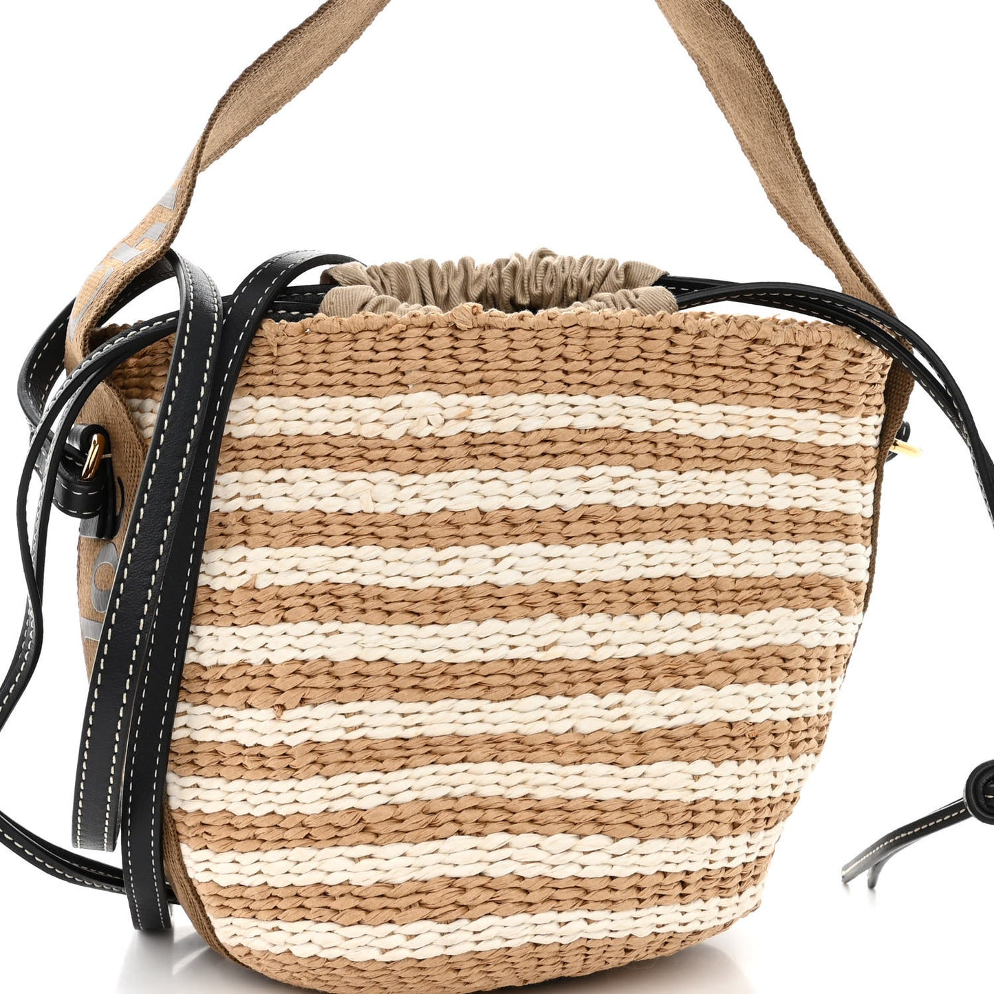 Raffia Calfskin Small Woody Striped Basket Bag Grove Brown