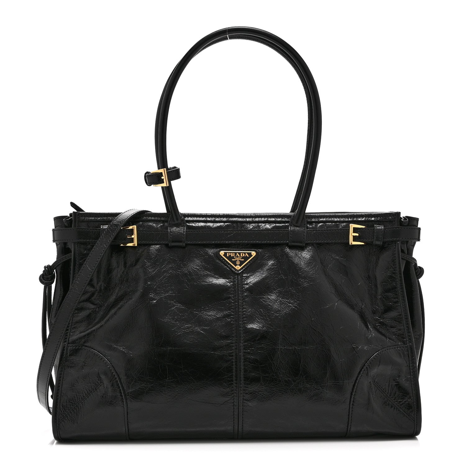 Prada Glossy Calfskin Triangle Large Bonnie Shoulder Bag Black 1 of 10