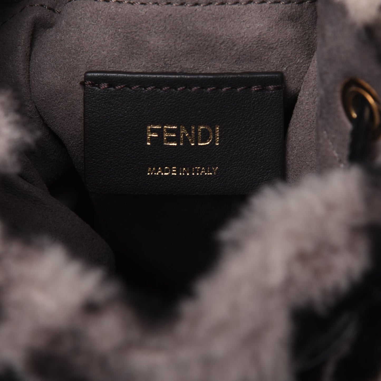 Shearling F is Fendi Macro FF 1974 Diagonal Mini Mon Tresor Bucket Bag Dove Black