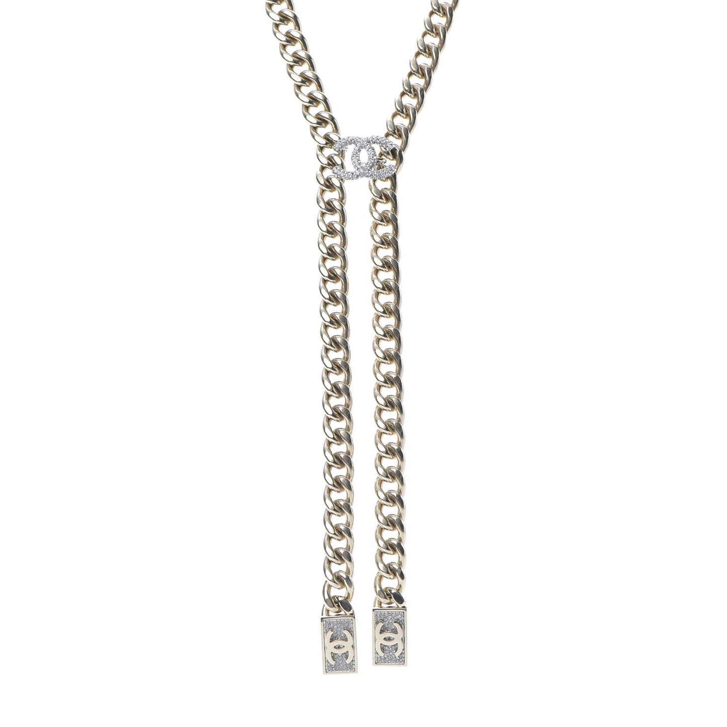 Chain Link Crystal CC Dog Tag Charm Necklace Gold