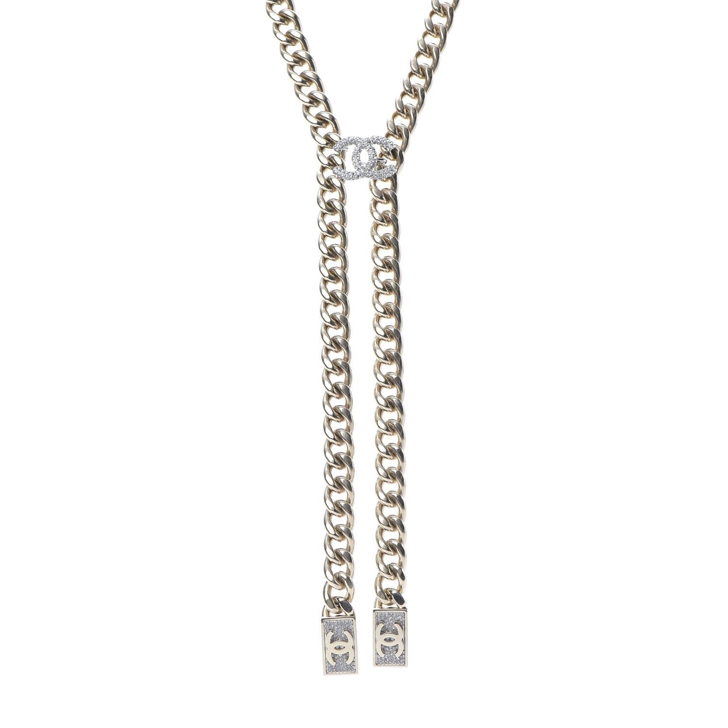 Chanel Chain Link Crystal CC Dog Tag Charm Necklace Gold 1 of 5