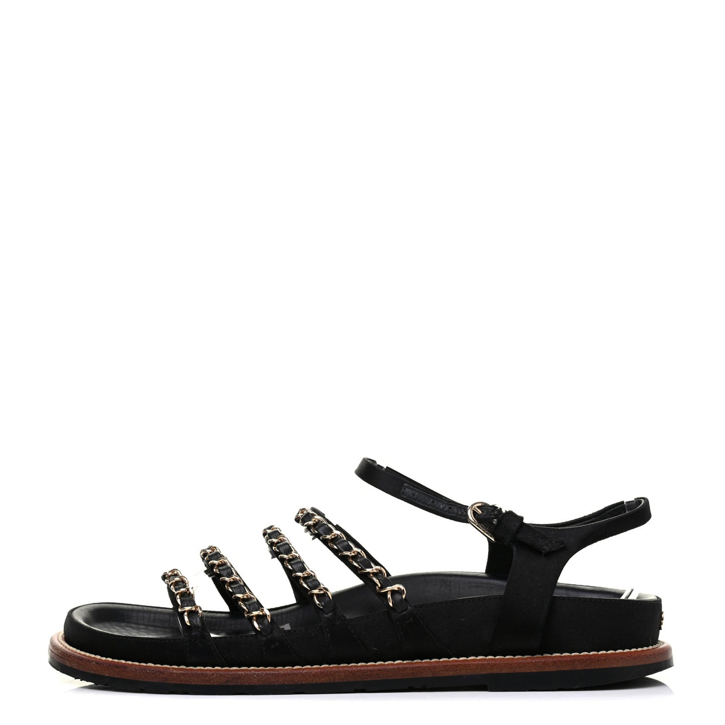 Satin Lambskin Chain Flat Sandals 37.5 Black