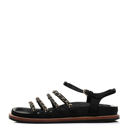 Chanel Satin Lambskin Chain Flat Sandals 37.5 Black 1 of 13