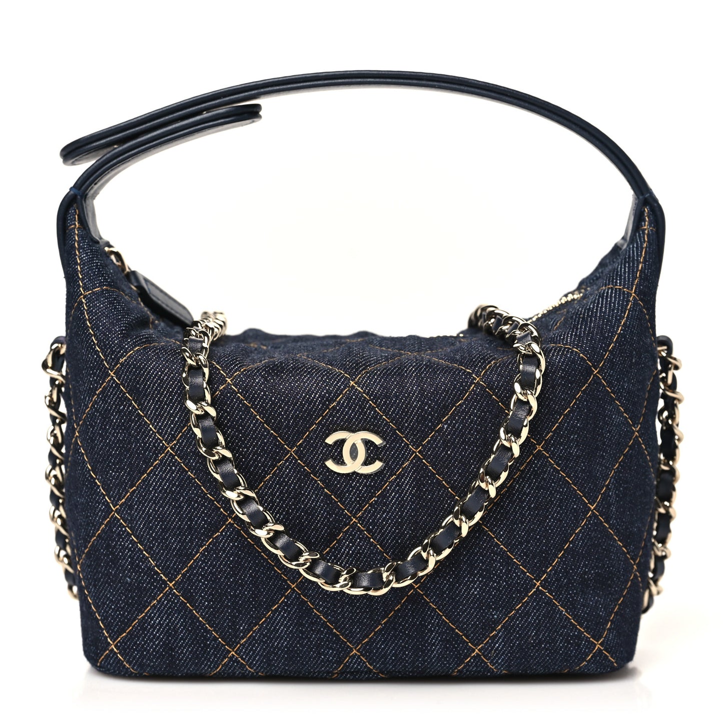 Denim Quilted Hobo Clutch With Chain Dark Blue Orange