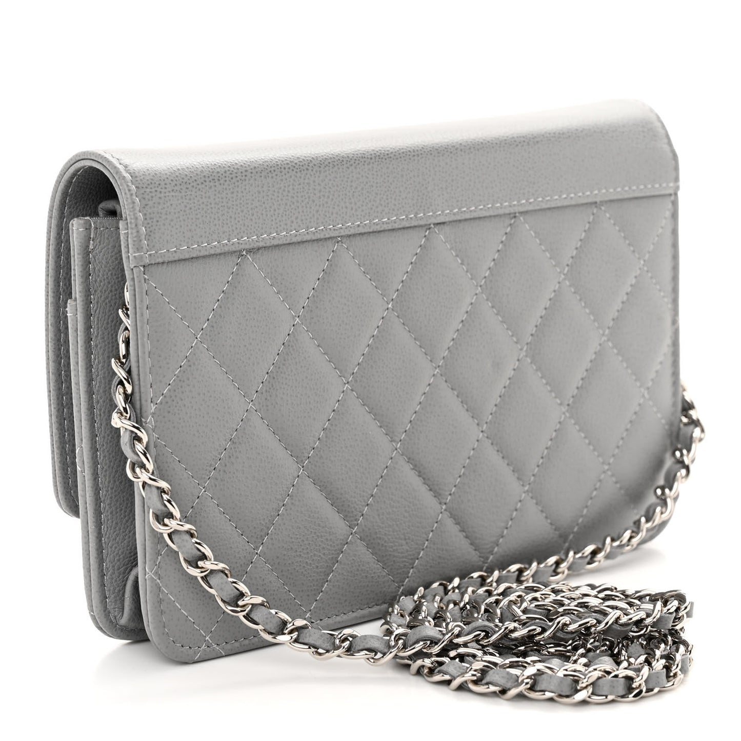 Grained Calfskin Quilted CC Box Wallet On Chain WOC Grey