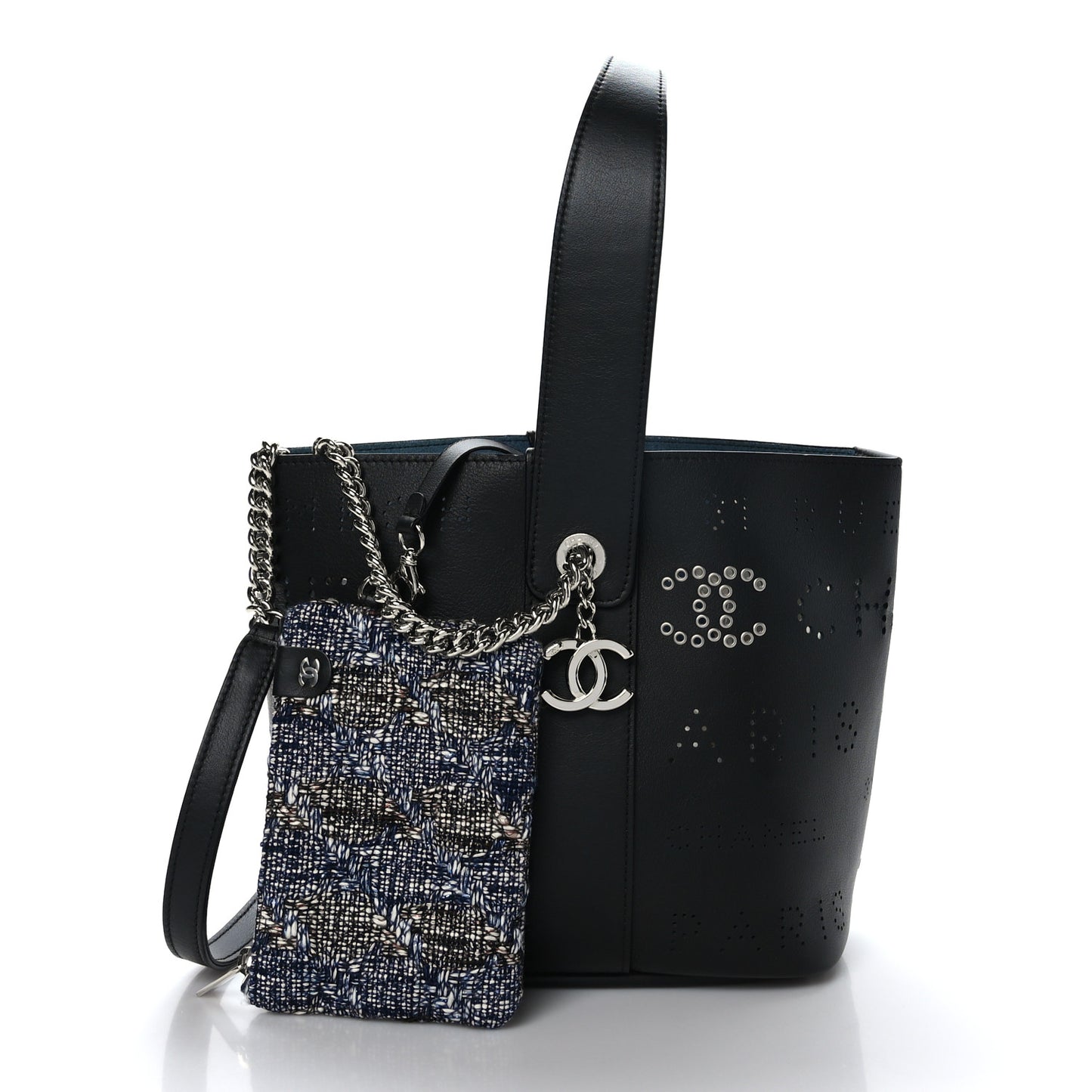 Calfskin Tweed Small Piercing Light Bucket Bag Black
