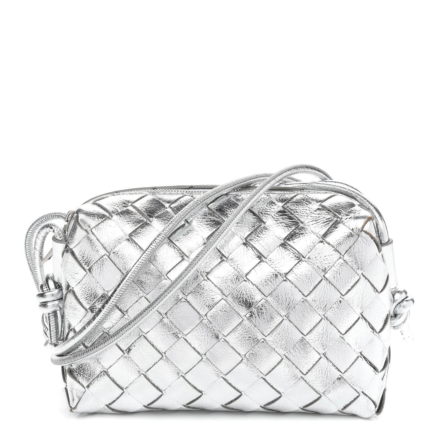 Metallic Calfskin Intrecciato Mini Loop Camera Bag Silver
