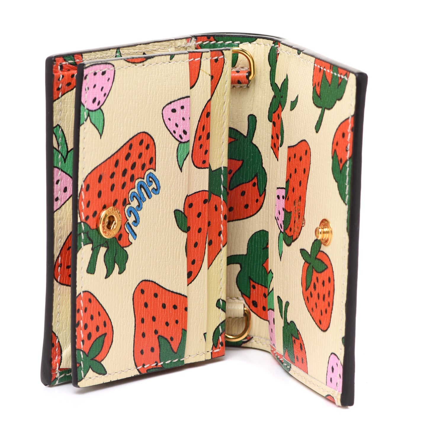 Calfskin Strawberry Print Zumi Chain Card Case Wallet Ivory Red