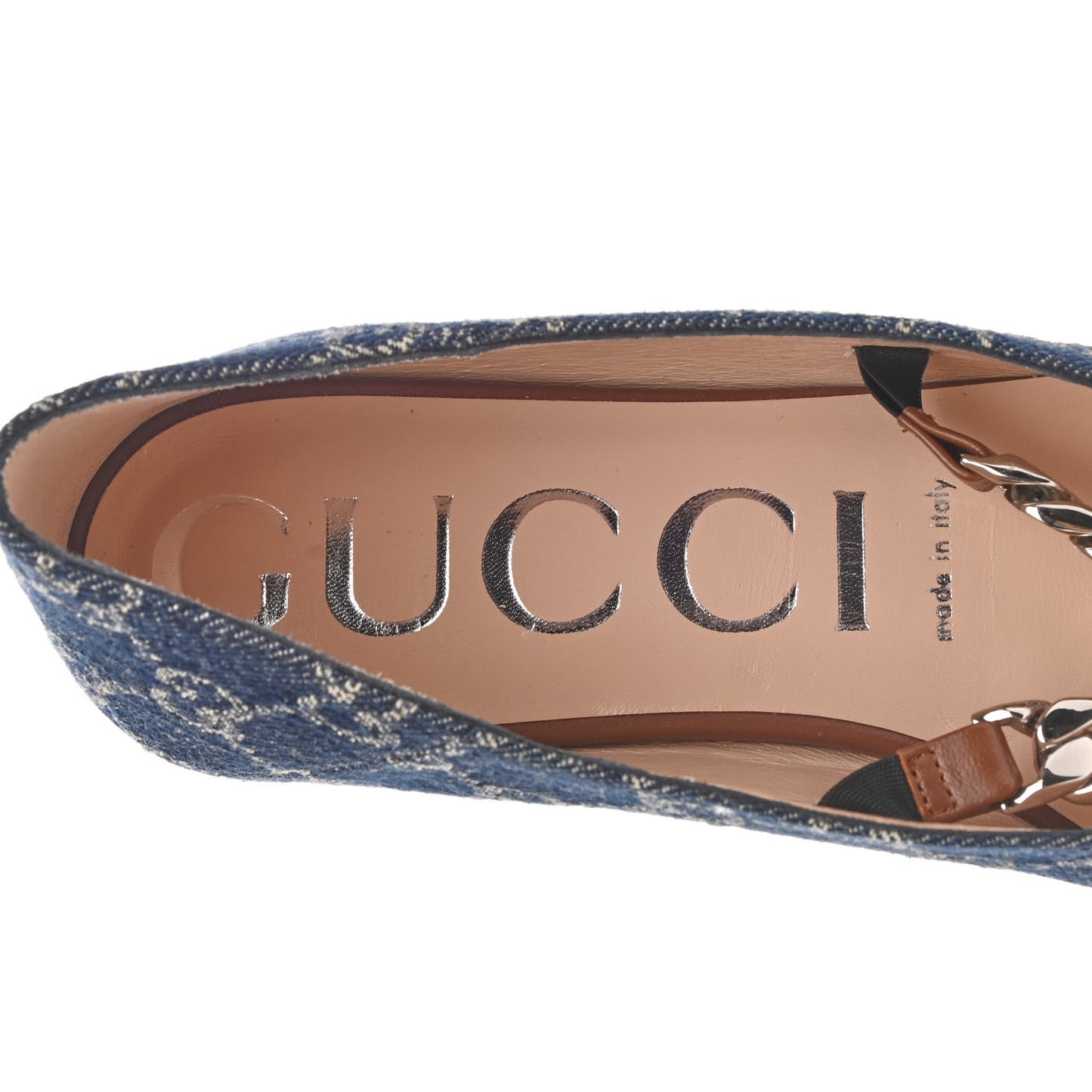 New Denim GG Monogram Nappa Deva Horsebit Chain Embellished Flats 37.5 Blue Tea Cuir Epilog