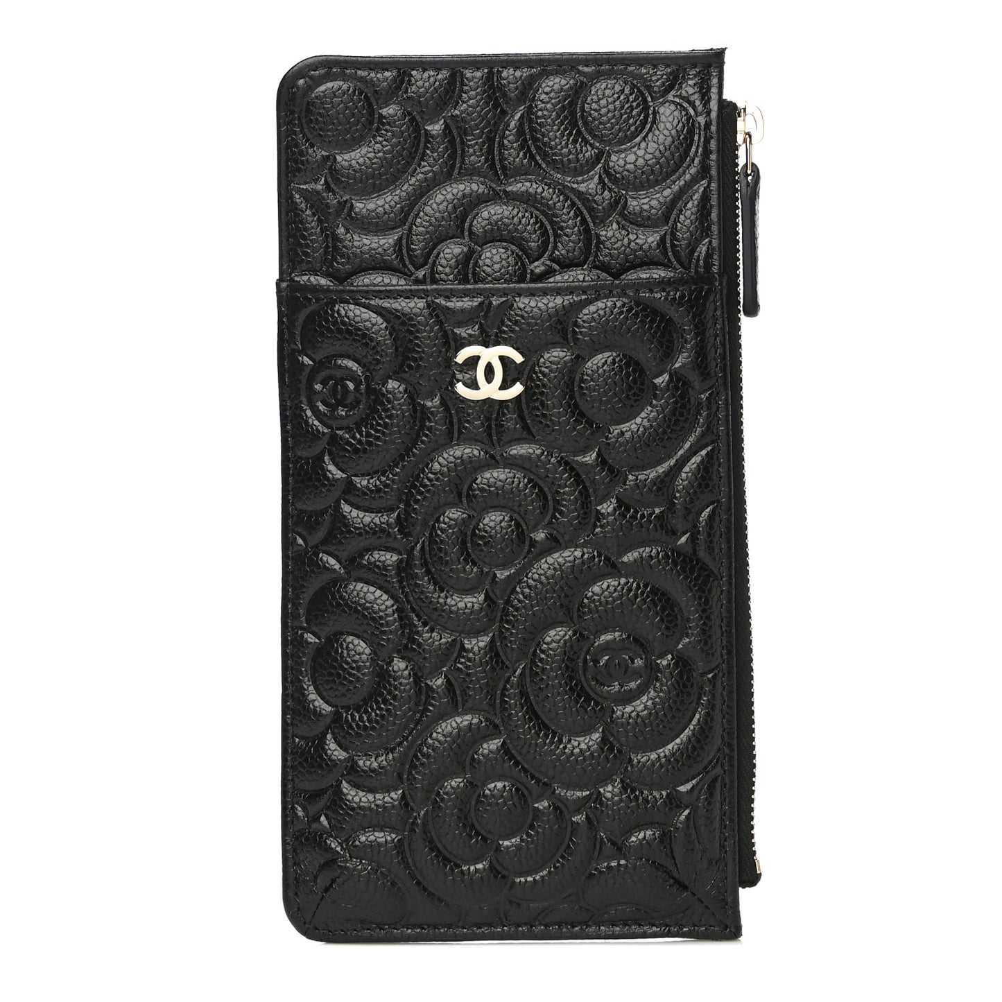 Caviar Camellia Embossed Classic Flat Wallet Pouch Black