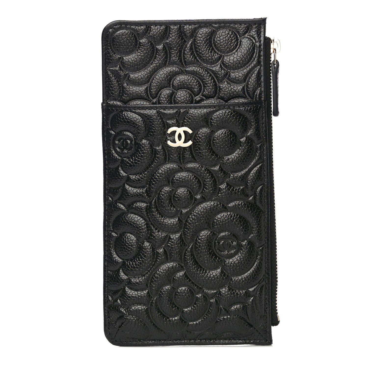 Chanel Caviar Camellia Embossed Classic Flat Wallet Pouch Black 1 of 11