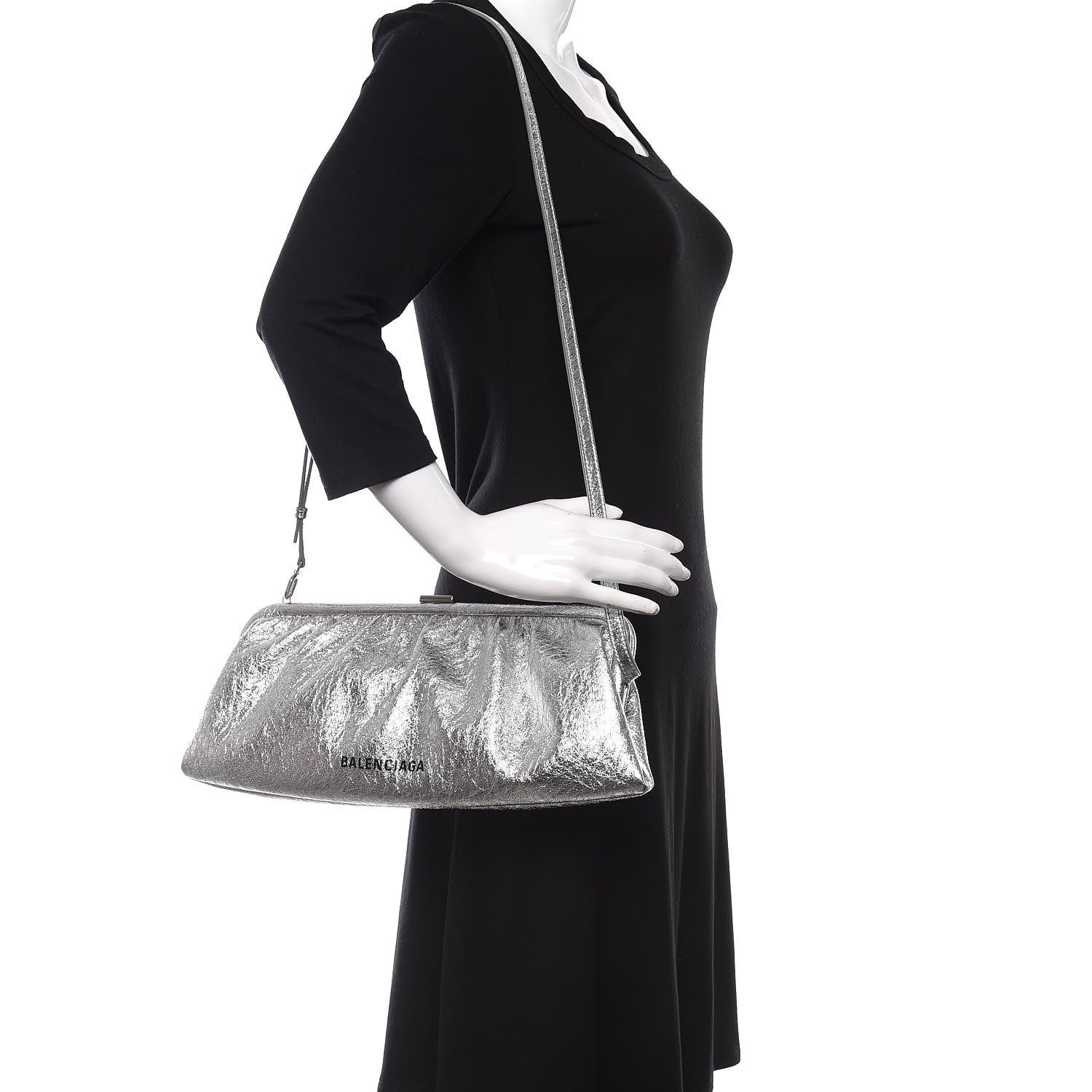 Balenciaga Metallic Textured Calfskin Logo XL Cloud Clutch Silver 2 of 10