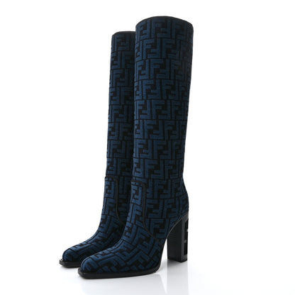 Fendi Chenille Jacquard FF 110mm Knee Boots 39 Black Blue 3 of 9