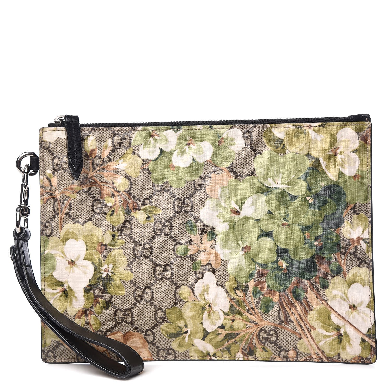 Gucci GG Supreme Monogram Blooms Small Zip Wristlet Pouch Beige New Military Black 1 of 9
