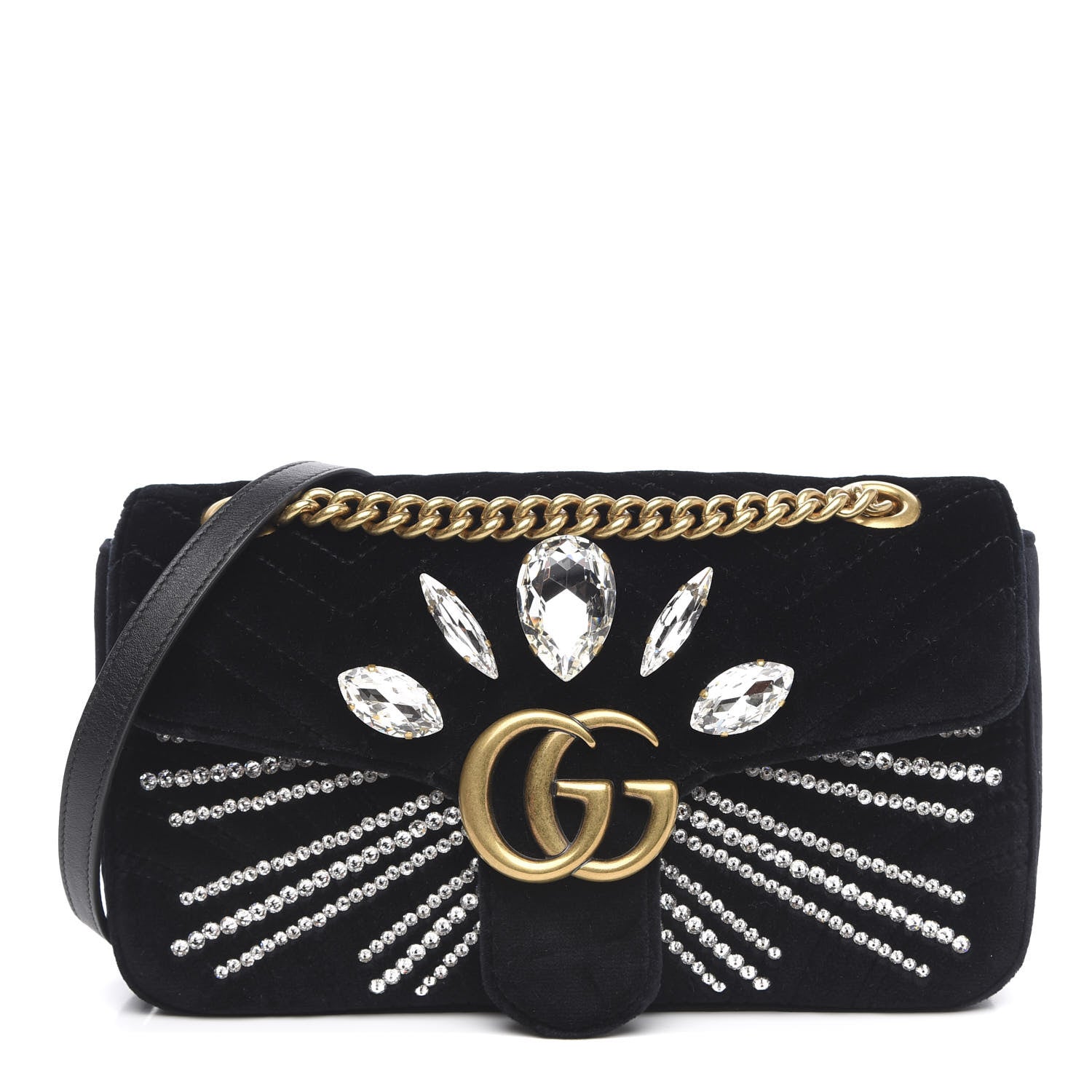 Gucci Velvet Matelasse Marquise Crystals Embroidered Small GG Marmont Shoulder Bag Black 1 of 11