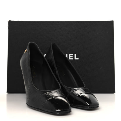 Chanel Crocodile Embossed Crumpled Patent Cap Toe Pumps 36 Black 9 of 9