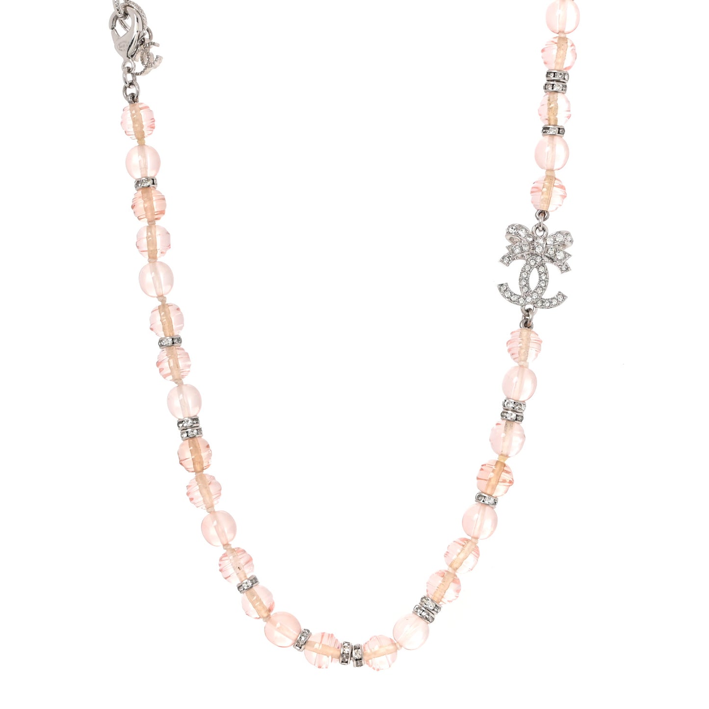 Metal Glass Strass Beaded CC Bow Necklace Silver Pink