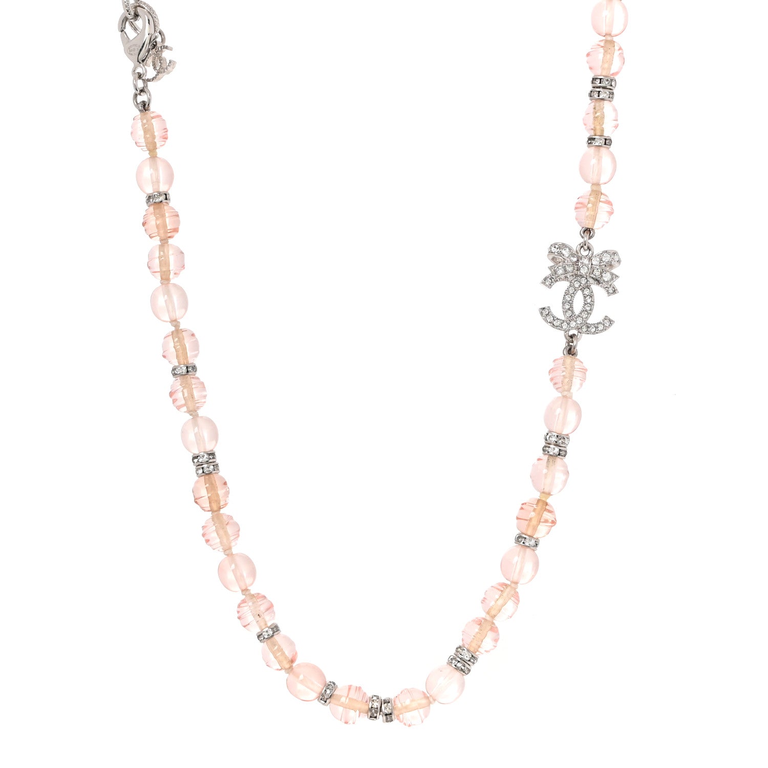 Chanel Metal Glass Strass Beaded CC Bow Necklace Silver Pink 3 of 5