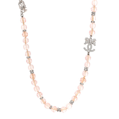 Chanel Metal Glass Strass Beaded CC Bow Necklace Silver Pink 3 of 5