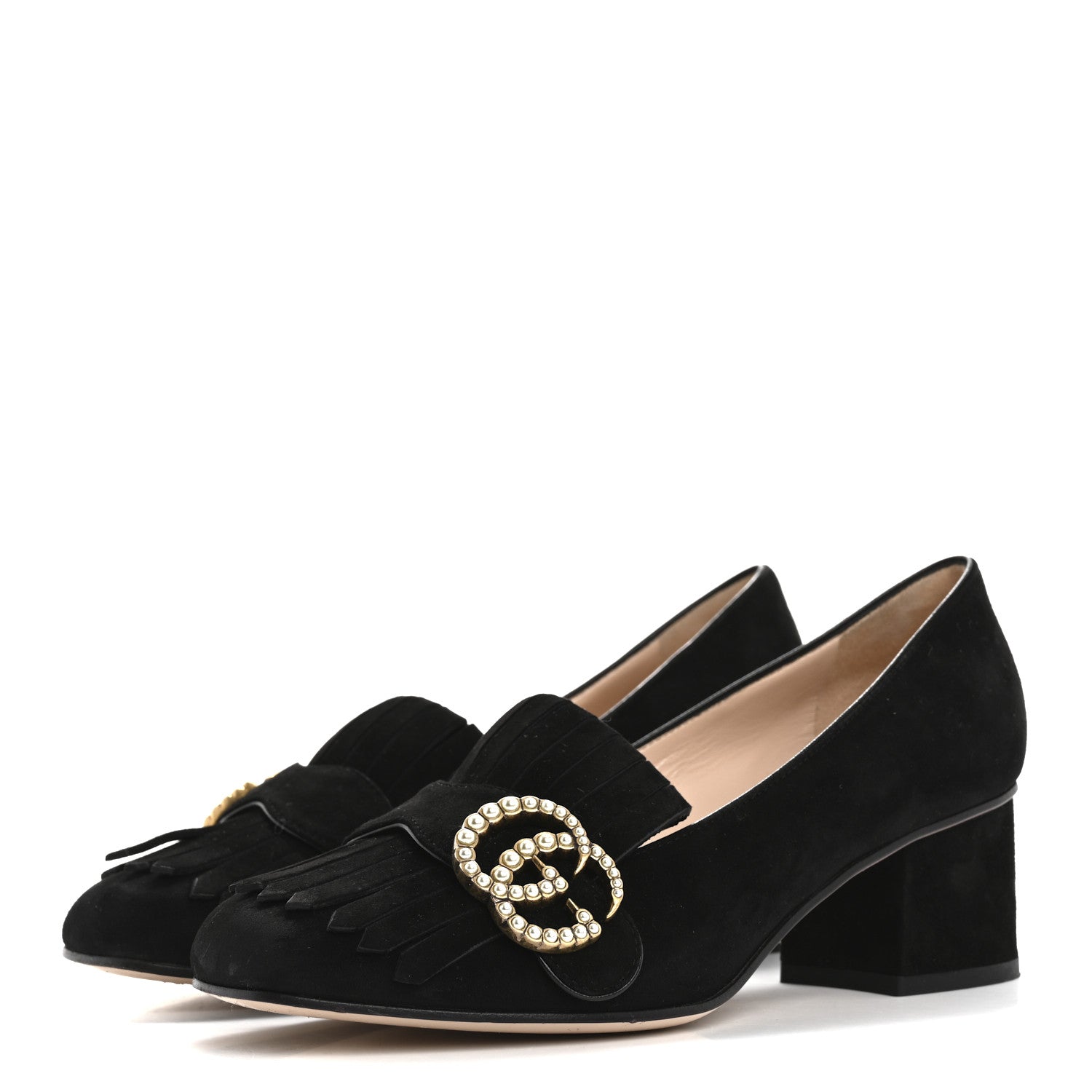 Gucci Kid Scamosciato Pearly GG Marmont Fringe 50mm Loafer Pumps 35.5 Black 4 of 12