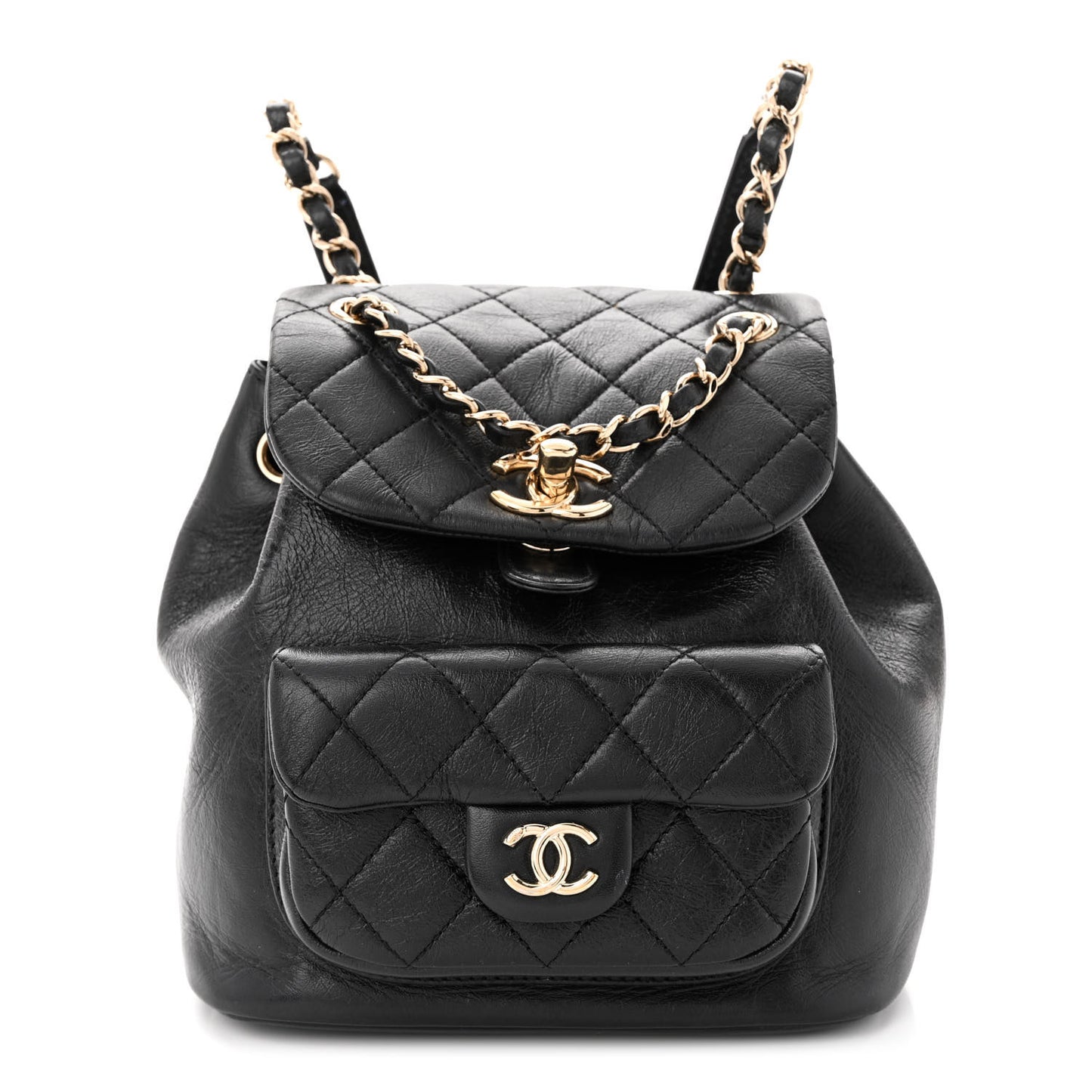 Glazed Aged Calfskin Quilted Small Duma Drawstring Backpack Black