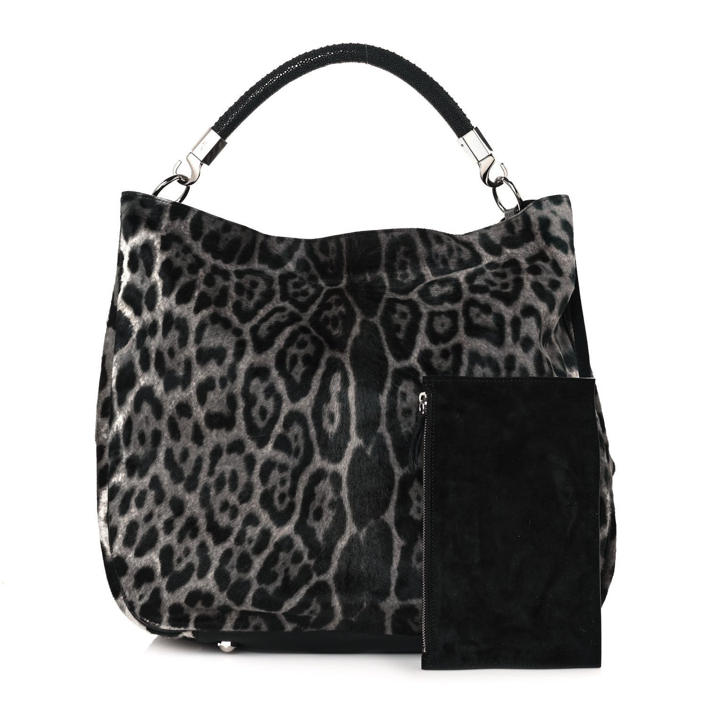 Calf Hair Stingray Leopard Print Large Roady Hobo Black