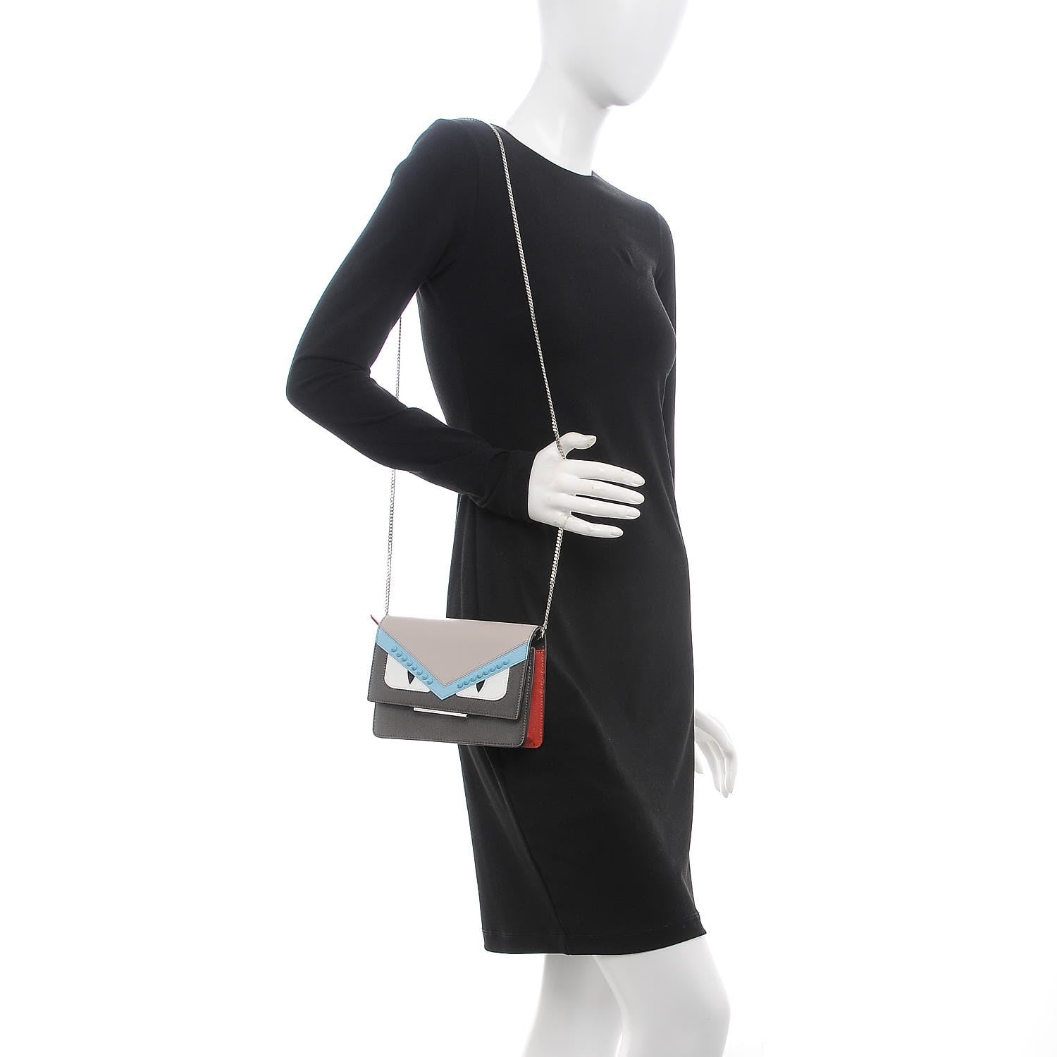 Fendi Vitello Elite Monster Eyes Studded Tube Wallet on Chain Carbone White Multicolor 2 of 9