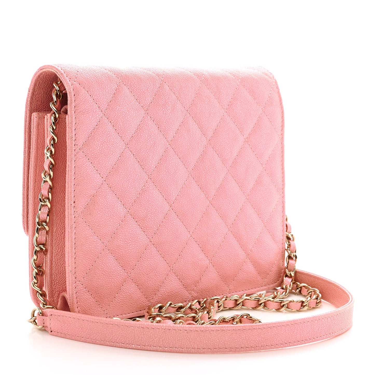 Iridescent Caviar Quilted Square Wallet On Chain WOC Rose Pink