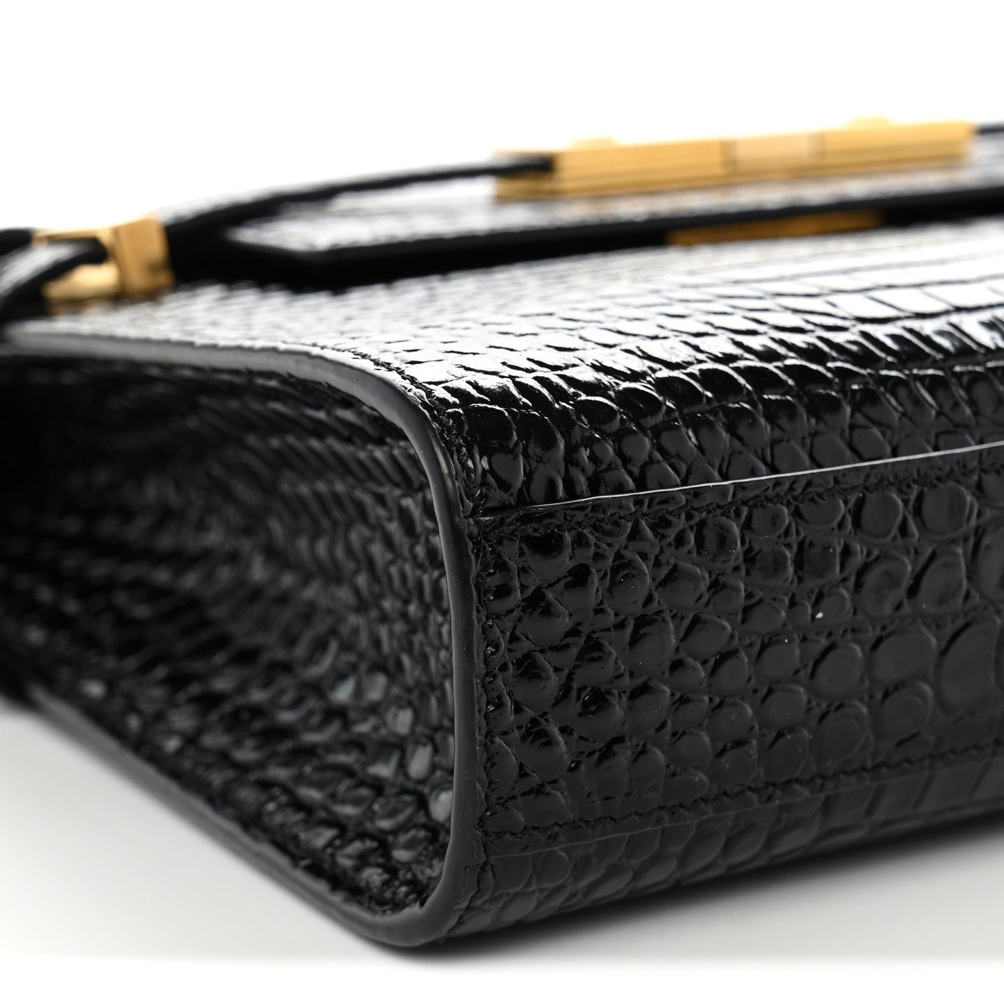 Shiny Calfskin Crocodile Embossed Small Manhattan Baguette Black
