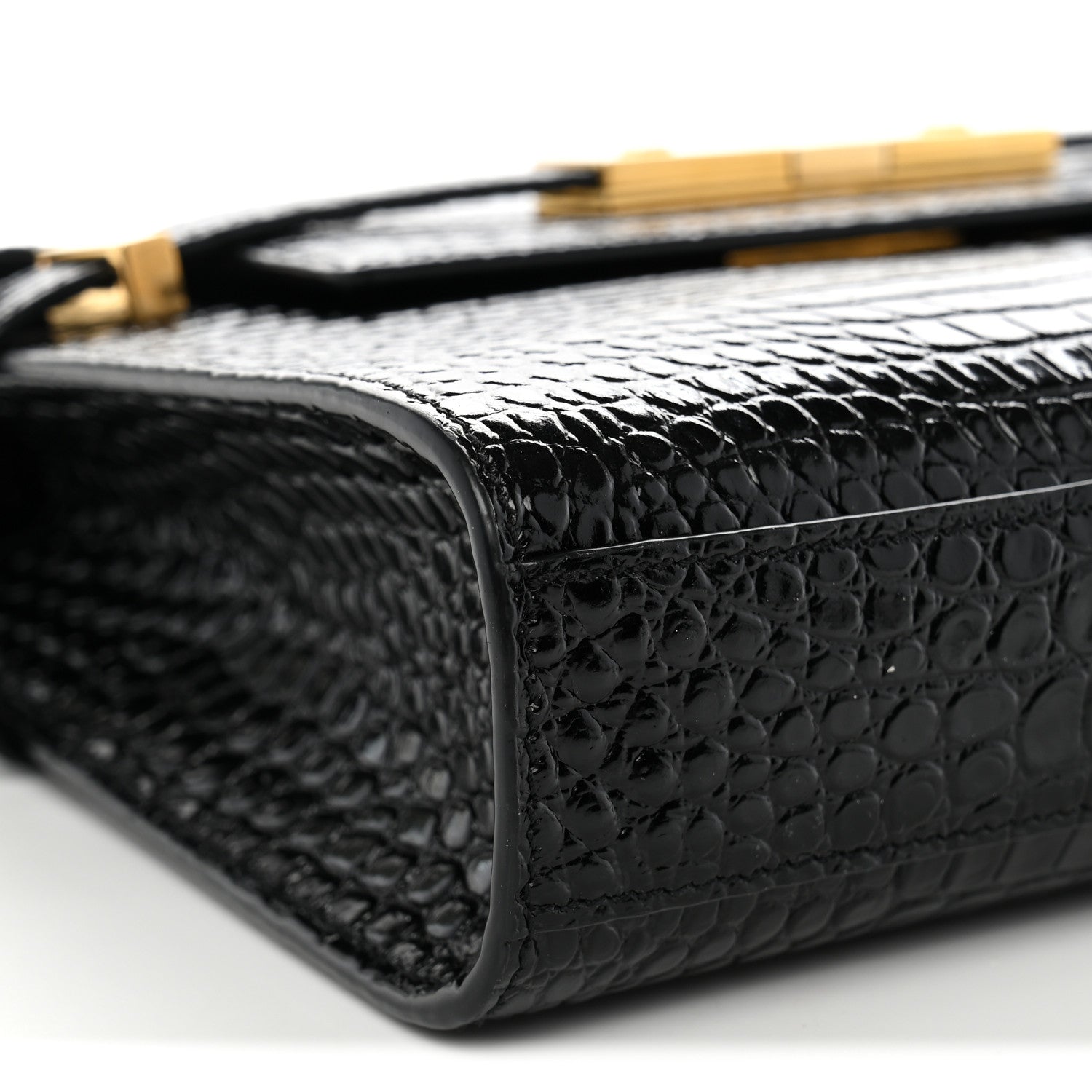 Saint Laurent Shiny Calfskin Crocodile Embossed Small Manhattan Baguette Black 9 of 11