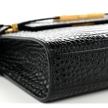 Saint Laurent Shiny Calfskin Crocodile Embossed Small Manhattan Baguette Black 9 of 11
